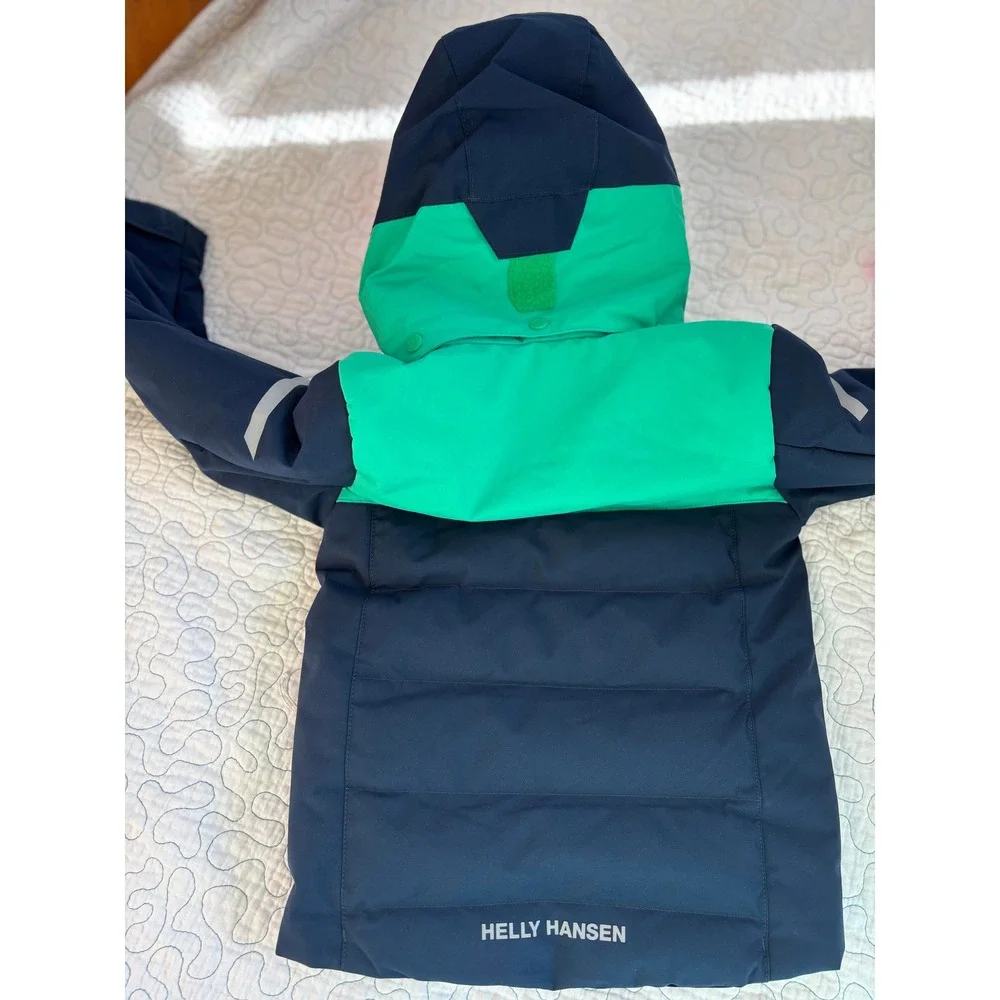 Helly Hansen Kids Puffer Ski Jacket Navy Green White‎ Hooded Coat Size 4 NWOT